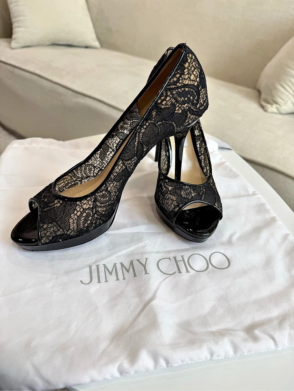 AUTHENTIC* Jimmy Choo Blair Black Lace Peep-Toe Platform Pumps EU 38